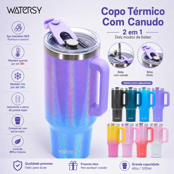 WATERSY-Aço inoxidável-304,Copo Térmico Inox Portátil 891ml 1182ml Com Tampa e Canudo