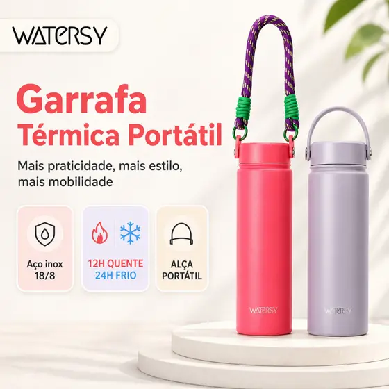 Watersy Garrafa Térmica Portátil 532ml Aço Inox Sem BPA Presente para Viagem Trabalho