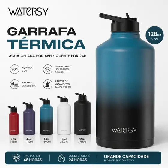 WATERSY Garrafa Térmica 128oz/3,78L Inox 304 com Canudo Anti Vazamento para Esporte Viagem Camping