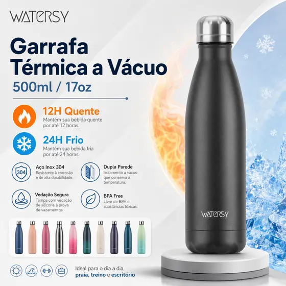 Watersy Garrafa Térmica 500ml Frio 24Horas Garrafa de água inox 304 Com Tampa Copo Térmico Portátil