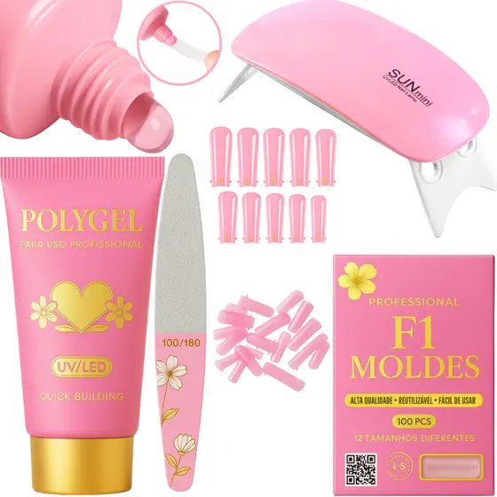 Kit Alongamento Poligel Polygel + Molde F1 + Lixa + Mini Cabine De Unha Iniciante