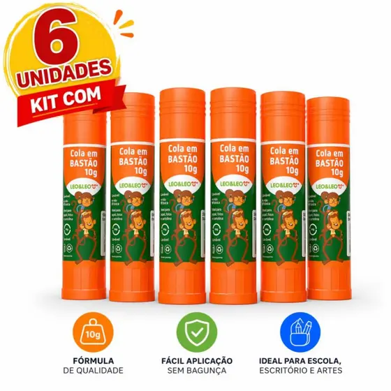 Kit 6 Cola Bastão 10g Escolar Escritório Artesanato Papel e Cartolina Não Tóxica Volta às Aulas