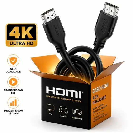 Cabo HDMI 2.0 Full HD 4K 3D Preto Para TV, Projetor, Monitor imagem, Video Game Kit ou unidade 1m