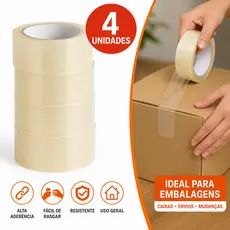 Fita Transparente para Embalagem Durex Largo Adesiva 45mm x 40m Mudança Alta Resistência - 4 Rolos