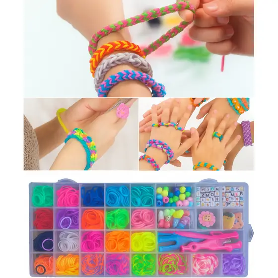 Kit Pulseiras Elastico Loom Band Fábrica de Pulseiras com Miçangas e Elásticos 1564 Peças  Infantil