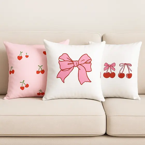 Kit c/3 Almofadas Decorativas Cheias Grande 40x40cm – Modelo Laço Rosa e Cerejas | Sofá e Quarto