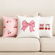 Kit c/3 Almofadas Decorativas Cheias Grande 40x40cm – Modelo Laço Rosa e Cerejas | Sofá e Quarto