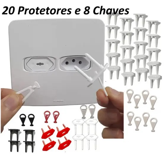 20 Protetores de Tomada + 8 Chaves Segurança Bebê Antichoque