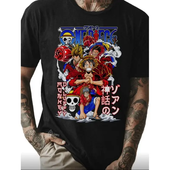 Camiseta Masculina Oversized 100% Algodão Tecido Premium Estampa Personagem Anime One Piec Luff Gear 4
