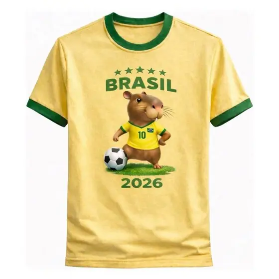 Camiseta Masculina Algodão Amarela Verde Brasil 2026 Estampa Futebol Casual