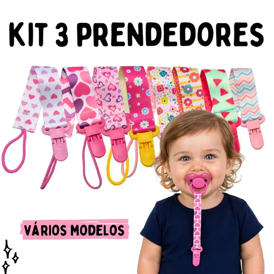 Prendedor de Chupeta Menina Kit 3 Unidades Universal Mam Avent Nuk Nillo Chupeta Prendedor Buba