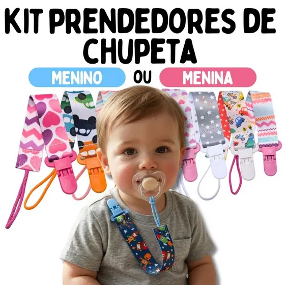 Kit Ate 5 Prendedor De Chupeta Com Trava Com Corrente Clipe Chupeta Menino e Menina - Promoção