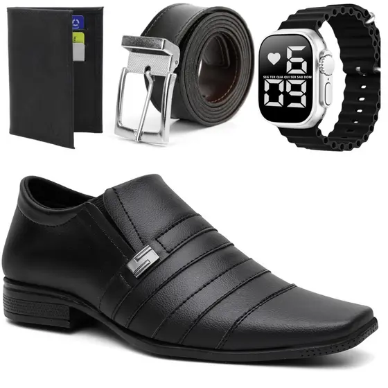 Kit Sapato Social Em Couro Italiano Classico + relógio + cinto e carteira