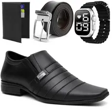 Kit Sapato Social Em Couro Italiano Classico + relógio + cinto e carteira