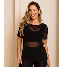 Blusa Feminina Transparente De Tule Manga Curta Camiseta Academia Treino Fitness Musculação