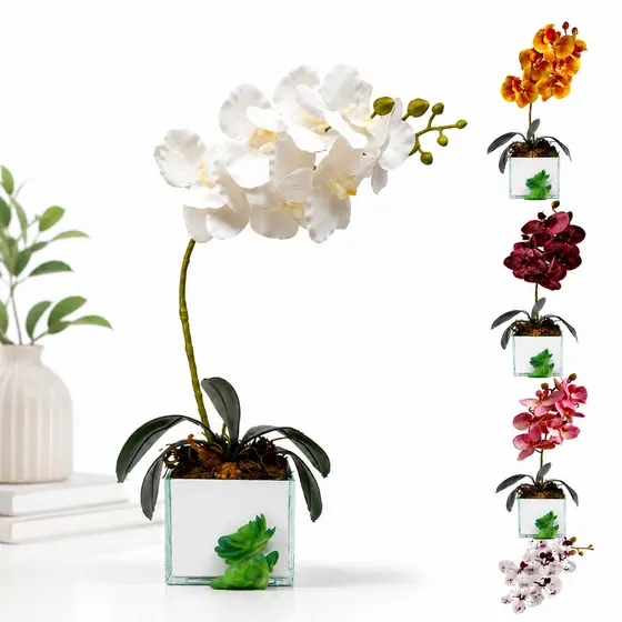 Orquídea Silicone 3d Artificial Em Vaso Espelhado Arranjo Decoração Sofisticada