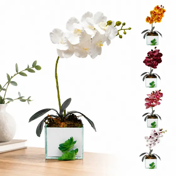 Arranjo de Orquídea Artificial em Silicone 3d Com Vaso de Vidro Espelhado