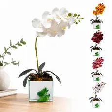 Arranjo de Orquídea Artificial em Silicone 3d Com Vaso de Vidro Espelhado