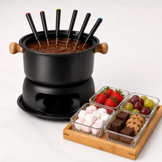 Kit Fondue 12 Peças Preto Chocolate Queijo com Petisqueira e Gamela