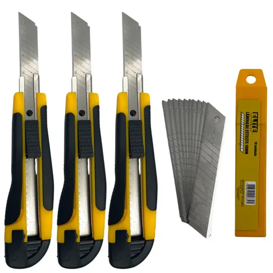 Kit 3 Estilete Emborrachado Profissional Com Trava   + 10 Lâminas 18mm