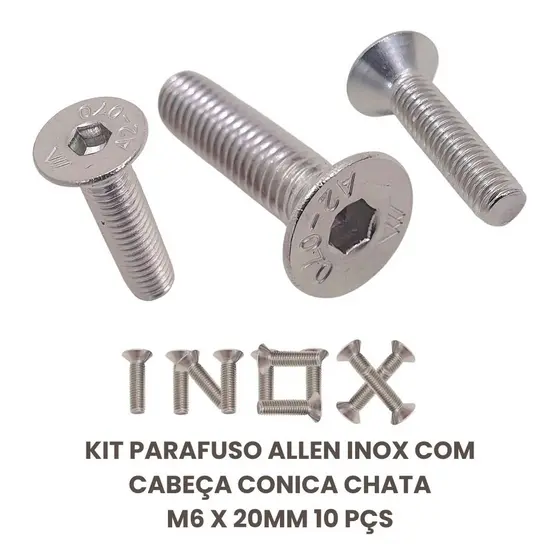 Parafuso Allen Inox Com Cabeça Conica Chata M6 X 20mm 10 Pçs