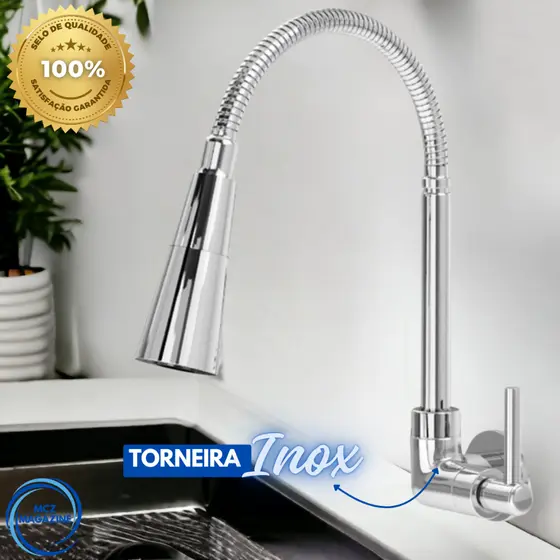 Torneira Gourmet Cozinha Parede Mesa Pia Flexível Cromada Dupla Função 1/4 Volta Inox