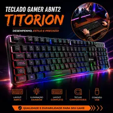 Teclado Gamer Semi Mecânico 100% com Fio Preto Abnt2 Usb Rgb Computador Videogame Titorion