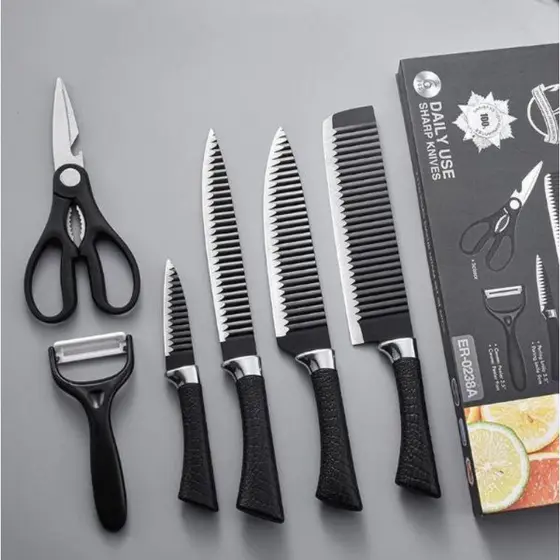 Kit de 6 Facas Cozinha Aço Carbono Cutelo Faca Chef Churrasco Legume Fruta, Descascador, Tesoura Profissional Antiaderente