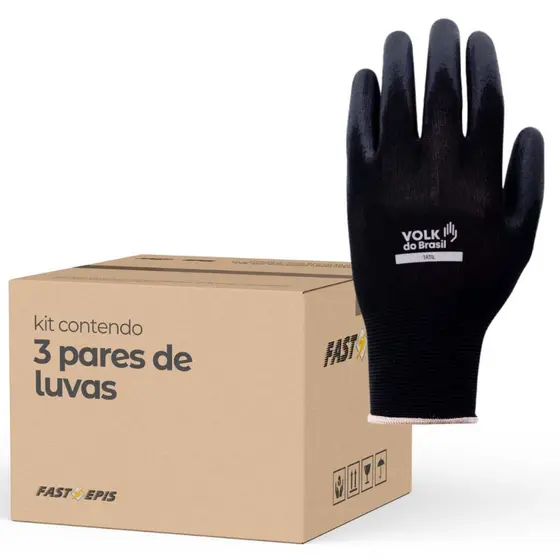 Kit 3 Pares - Luva para Mecânico Serviços Gerais Multitato Pu Nylon Preta - Volk do Brasil