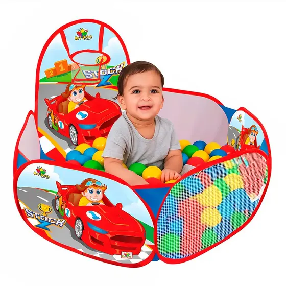 Piscina De Bolinhas Grande Dobrável Art Brink 90x90 Com Cesta Basquete Vermelha