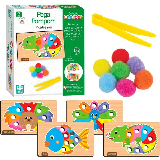 Jogo Educativo Madeira Crescer Pega Pompom Montessori Pedagógico - Nig Brinquedos