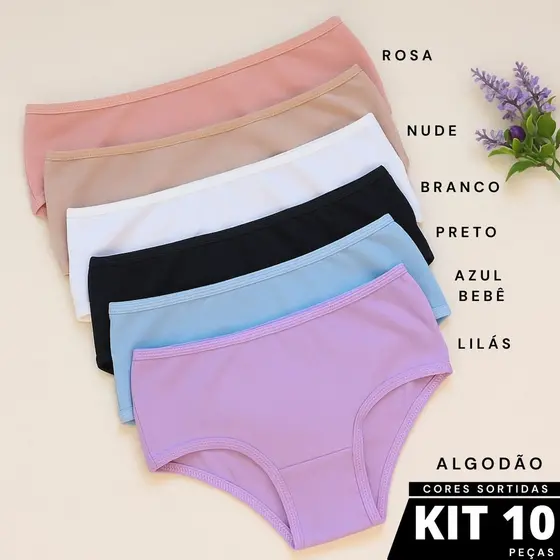 Kit 10 Calcinhas Juvenil Infantil Cotton Algodão Básica Dia a Dia Alto Conforto Qualidade Juju