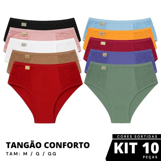 Kit 10 Calçola Senhora Cós Alto Largo Calcinha tangão Conforto Forro Algodão Vera Feminina