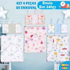 Kit 4 Peças Enxoval Bebê 1 Toalha de Banho Forrada c/ Capuz 3 Paninho de boca E Prendedor de Chupeta