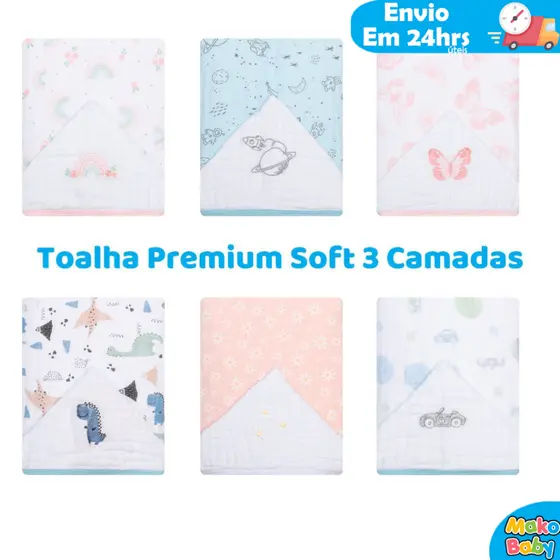 Toalha de Banho Bebe Soft 3 Camadas 90cm x 75cm Estampada com Capuz Bordado 100% Algodão