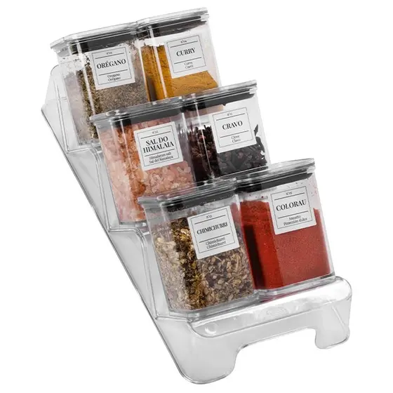 Porta Condimentos Com 6 Potes Organizador Com Base Cristal Transparente Tempero Cozinha