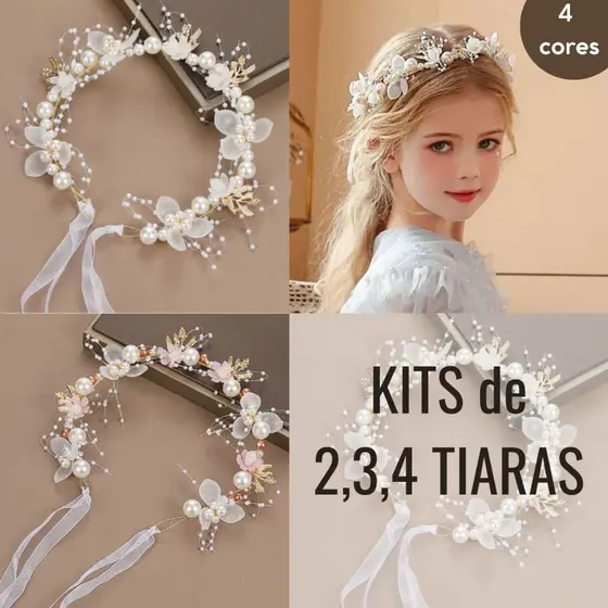 Tiara Bracelete Daminha de Honra infantil Coroa de Flores Enfeite Cabelo Batizado Formatura