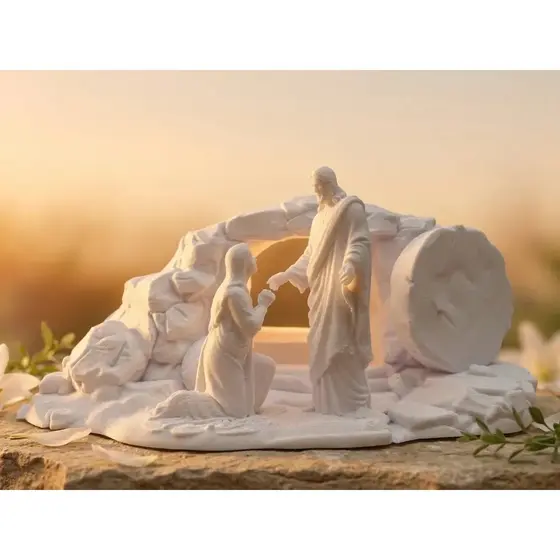 Escultura Cristo Ressuscitado com Maria Decorativo Religioso Cena do Túmulo Manhã de Páscoa Devoção