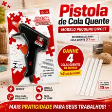 Kit Profissional Pistola Cola Quente Pequena Bivolt 0,7mm + 4 Unidades de cola quente Brinde