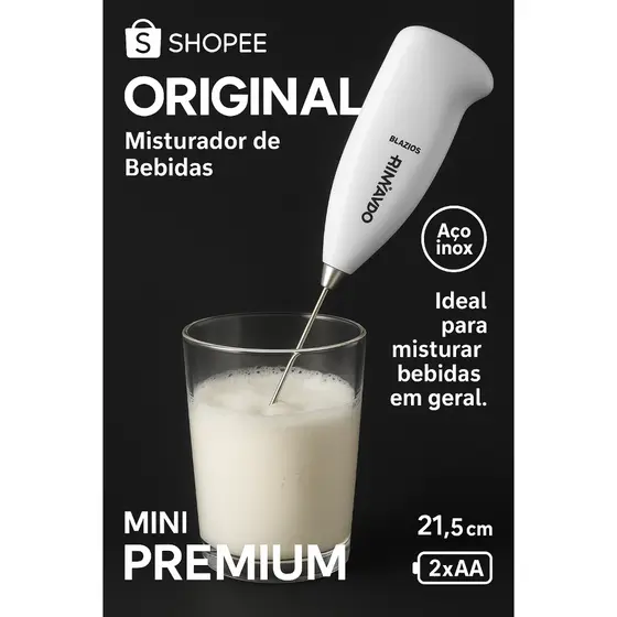 Mini Mixer Elétrico Inox Premium p/ Café, Chá, Achocolatado, Capuccino e Bebidas - Pilha AA