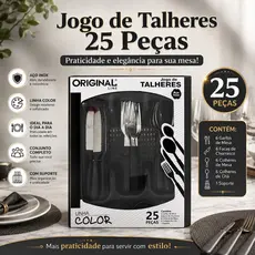 Jogo de Talheres Inox 25 Peças com Suporte Organizador Linha Color Premium