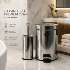 Kit Banheiro Aço Inox Premium Clink Lixeira 5L Com Pedal + Escova Sanitária Não é Plástico