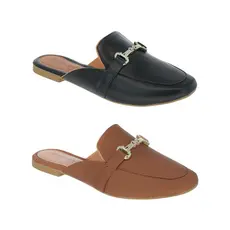 Kit 2 Pares Mule Feminino Bico Quadrado Mocassim Rasteira Sandália Enfeite Metalizado Social Cores