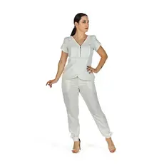 Conjunto Scrub Feminino Manga Curta Transpassado Branco Off White Casual Médica Dentista Esteticista