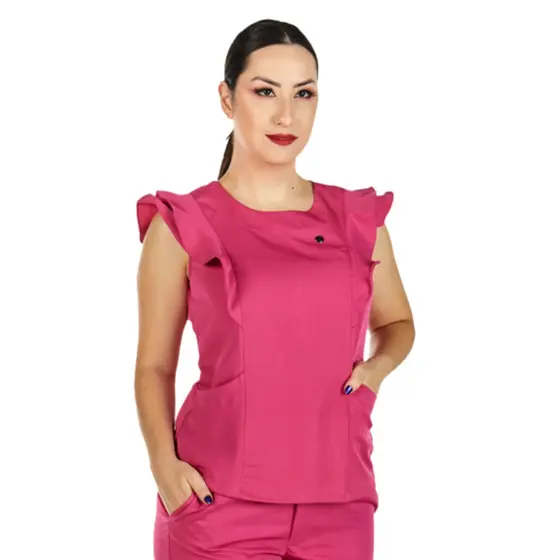 Blusa Scrub Feminino Babados Rosa Pink Uniforme Secretária Clínica Casual Consultório Clínica