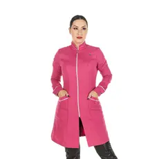 Jaleco Feminino Gola Padre Zíper Manga Longa Acinturado Pink Esteticista Salão de Beleza Profissional