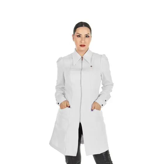 Jaleco Feminino Alfaiataria Acinturado Off White Médica Dentista Farmacêutica Esteticista