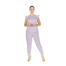 Conjunto Scrub Feminino Babados Lilás Secretária Assistente Clínica Casual Salão de Beleza Esteticista Consultório