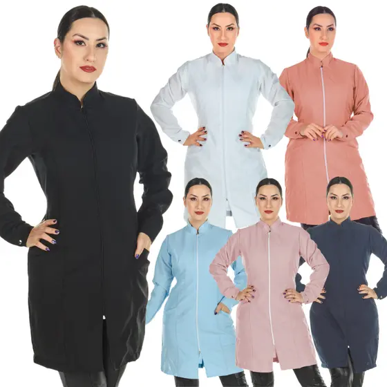 Jaleco Feminino Diversas Cores Oxford Com Ziper Gola Padre Manga Longa