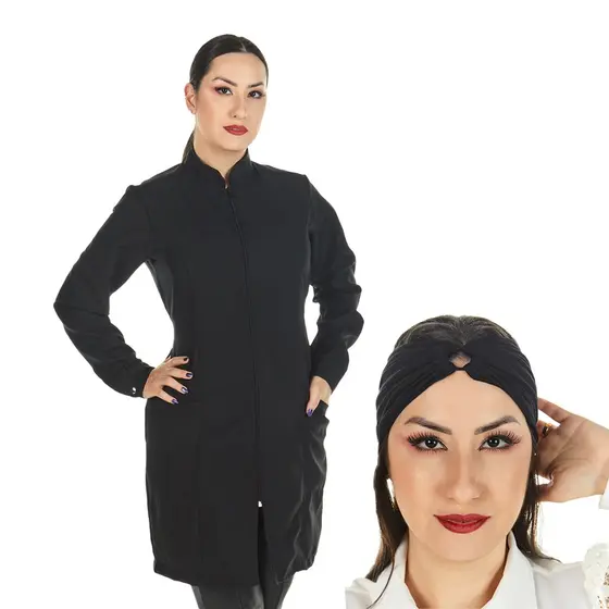 KIT 01 Jaleco Oxford Feminino Acinturado Zíper Gola Padre Manga Longa Preto Esteticista Nail Designer